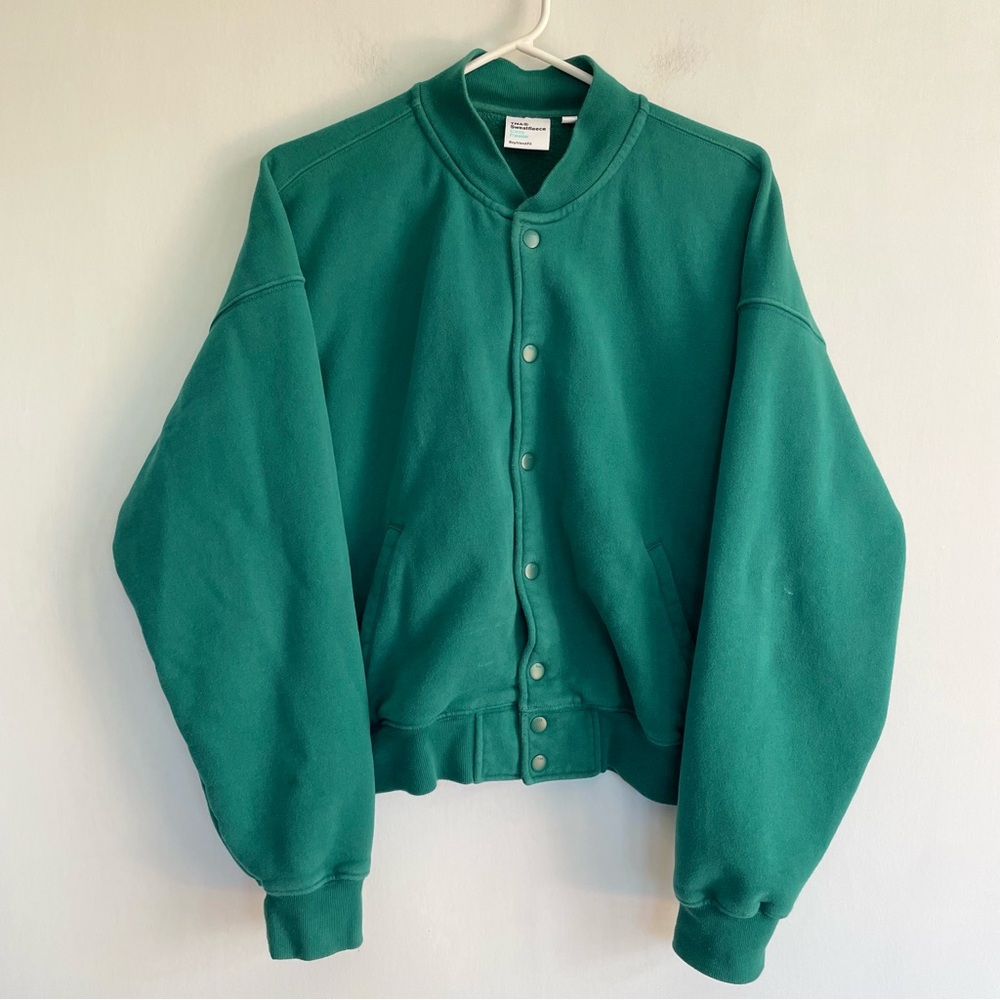 TNA Sweatfleece Cozy Fleece Boyfriend Fit Bomber Jacket Green Teal Unisex Size L